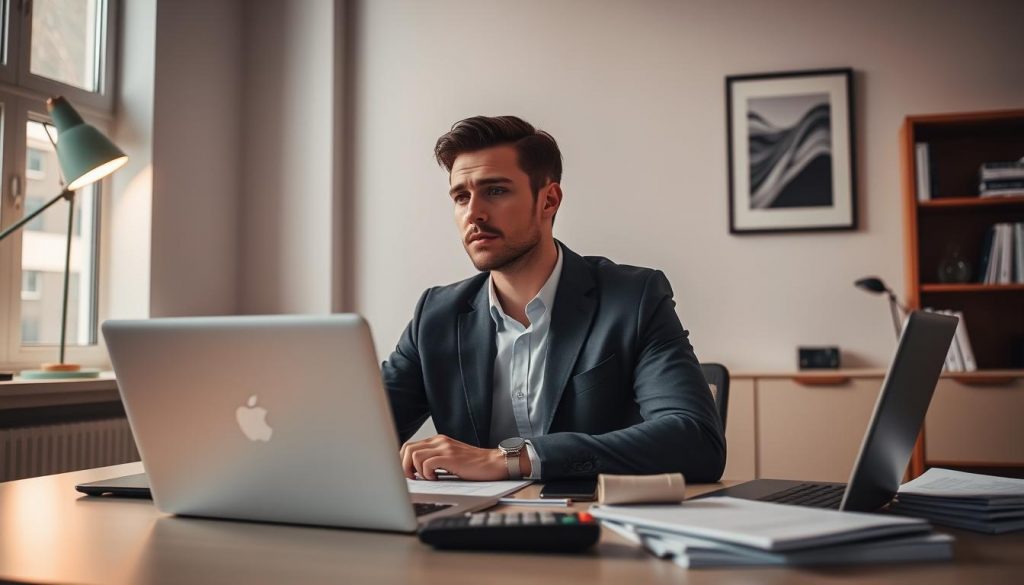 A modern, sleek office setting with a desk, a laptop, and various office supplies. In the foreground, a well-dressed influencer sits contemplatively, surrounded by financial documents and a calculator. Soft, warm lighting from a window illuminates the scene, casting a professional and pensive atmosphere. The background features minimalist decor, with a bookshelf and a framed artwork on the wall, suggesting an environment of knowledge and expertise. The overall composition conveys the concept of an influencer carefully navigating the complexities of value-added tax, preparing for the future.