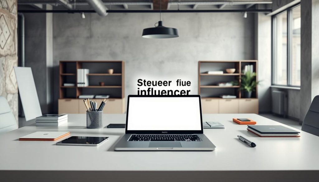 A sleek, modern office setting with a large desk featuring a laptop, tablet, and various stationery items. The background showcases a minimalist design with clean lines, neutral tones, and subtle industrial elements like exposed concrete walls and metal accents. Soft, directional lighting creates depth and highlights the tools and software on the desk, including a prominent "Steuersoftware für Influencer" application on the laptop screen. The overall atmosphere conveys professionalism, efficiency, and the specialized needs of influencers in the digital age.