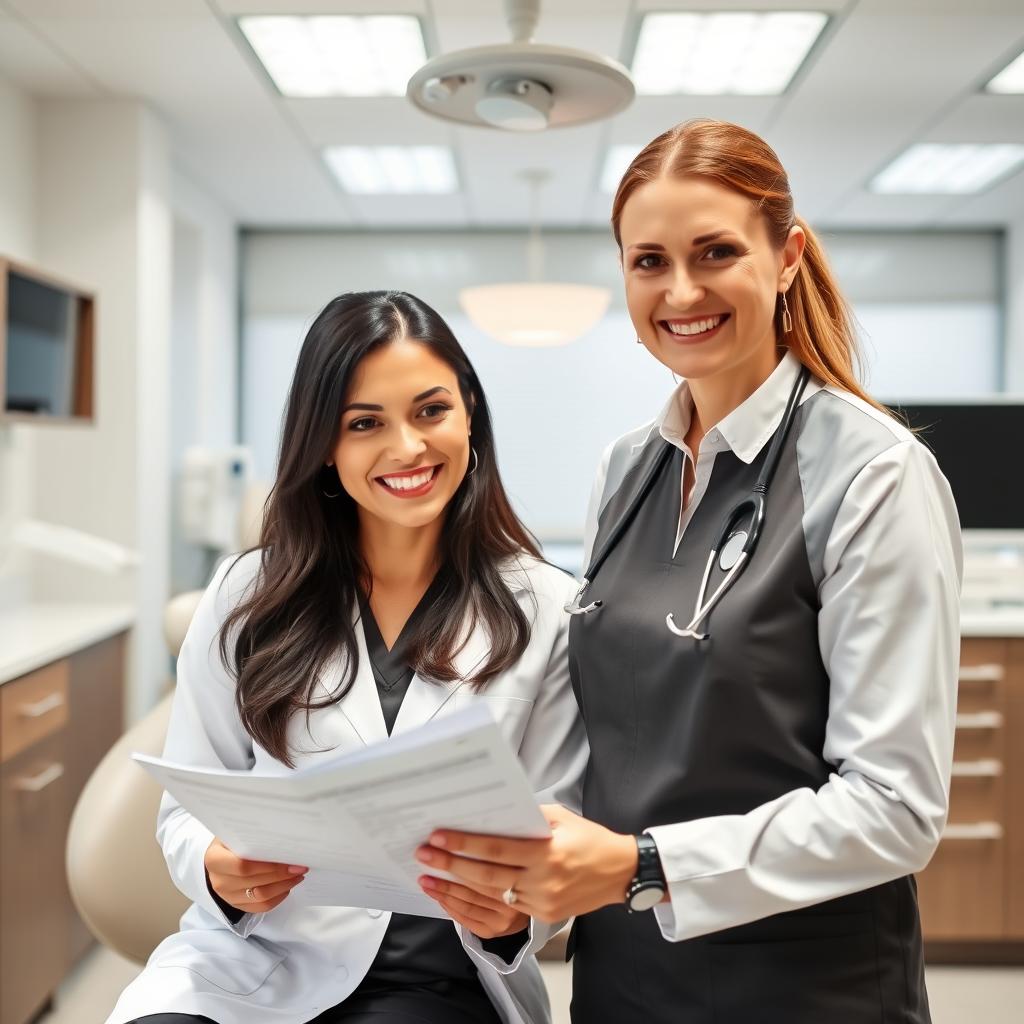 Porträt einer Zahnärztin mit ihrer Praxismanagerin Porträt einer Zahnärztin mit ihrer Praxismanagerin