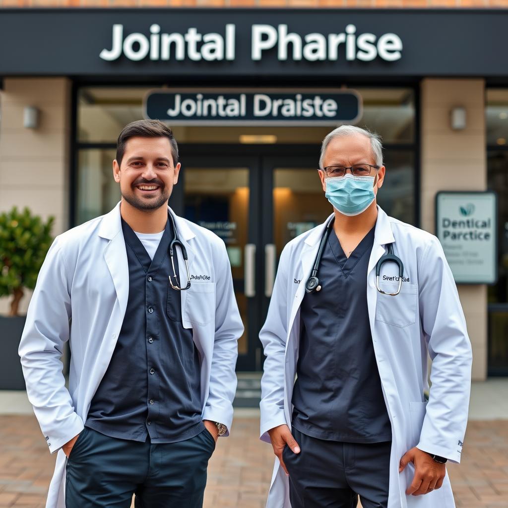 Zwei Zahnärzte vor ihrer gemeinsamen Praxis Zwei Zahnärzte vor ihrer gemeinsamen Praxis